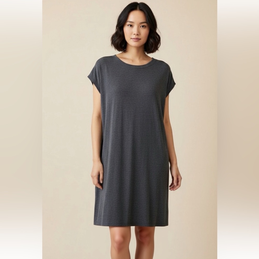 EILEEN FISHER GRAPHITE BOXY TENCEL/SPANDEX MINI PULL-ON CASUAL SHIRT DRESS‎